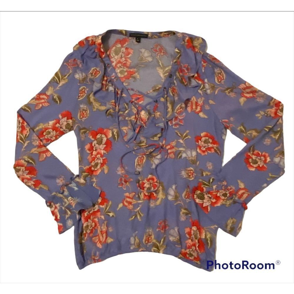 🌺Woman’s Signature Studio SZ S Colorful Floral Tie Up Ruffled Blouse🌺